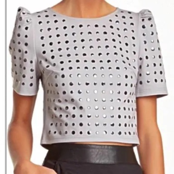 Stella & Jamie Studded Gray Puff Sleeve Crop Top Size XS X-Small NWOT - Picture 2 of 11